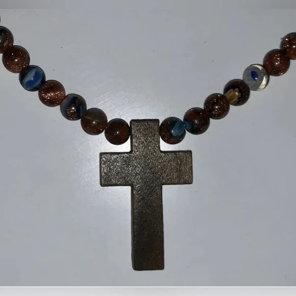 19” Unique Handmade Sunstone/Millefiori Beaded Necklace With Wooden Cross, New! - Picture 2 of 4